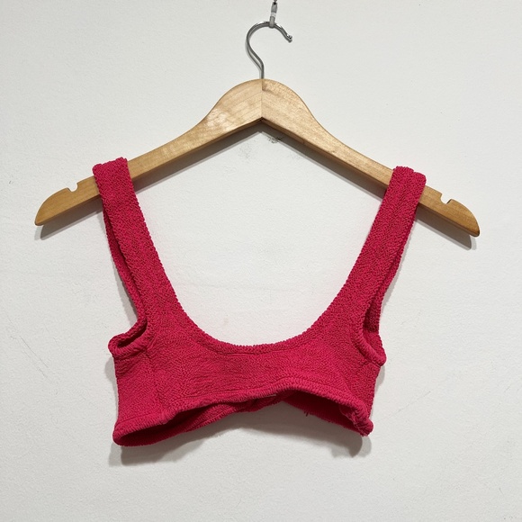 Hunza G Juno Twist Knot Smocked Bikini Bathing Suit Swim Top Hot Pink One Size - Picture 3 of 3